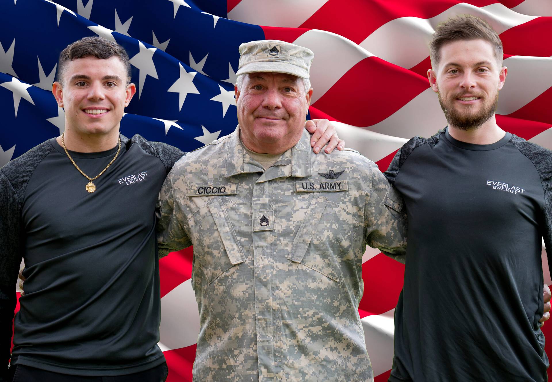 Everlast Energy & Roofing team members with a U.S. Army veteran in front of the American flag